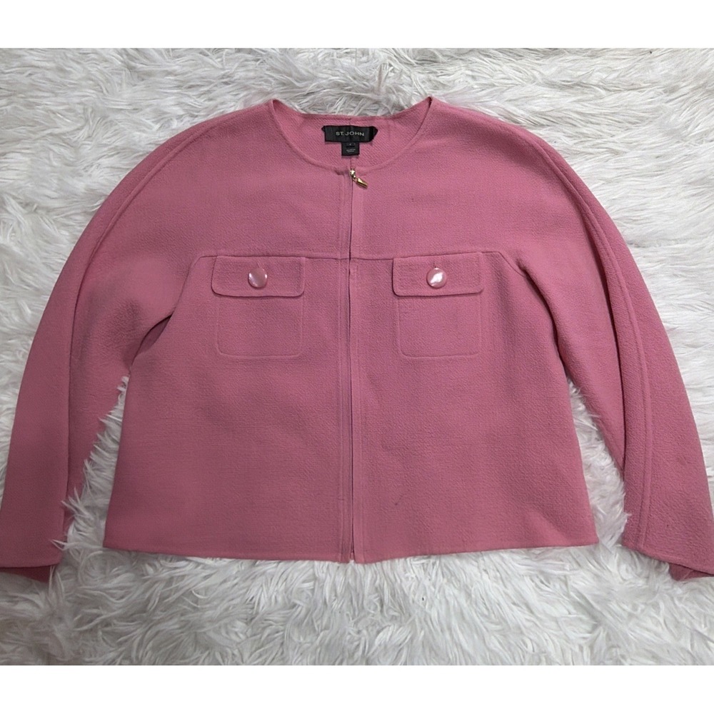 ST JOHN‎ Evening Jacket Sz 4 Pink Woven Knit Zip Long Sleeve Formal Event Office
